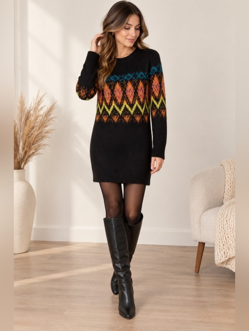 Rewind Fair Isle Sweater Dress XS Black Nordic Geometric Knit Holiday Winter